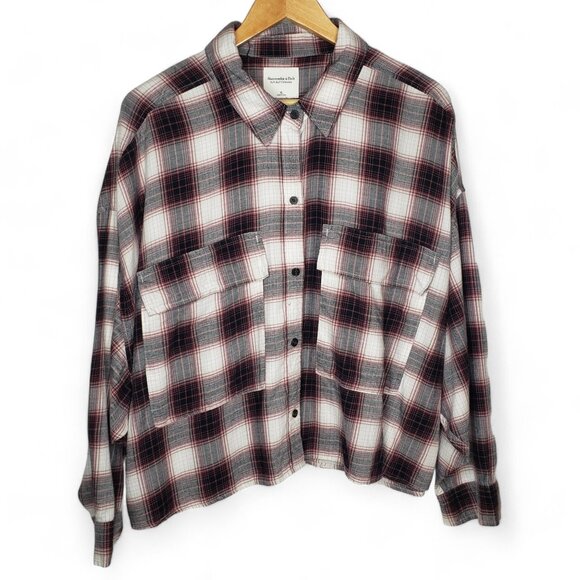 Abercrombie & Fitch Oversized Crop Flannel Shirt Women's Soft Work Pockets XL - Picture 2 of 8